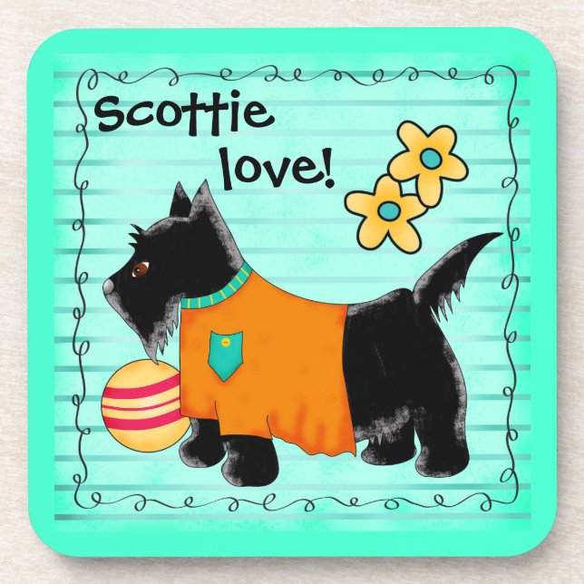Black Scottie Terrier Dog Love Personalized Teal Beverage Coaster (Front)
