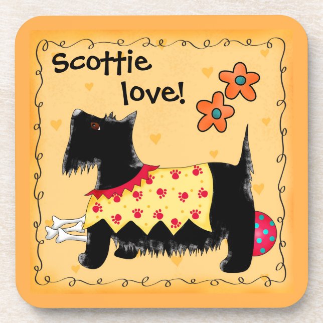 Black Scottie Terrier Dog Love Personalized Yellow Drink Coaster (Front)