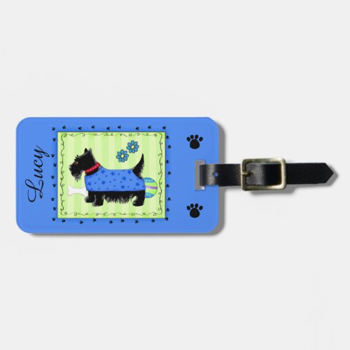 Black Scottie Terrier Dog Name Personalized Blue Luggage Tag