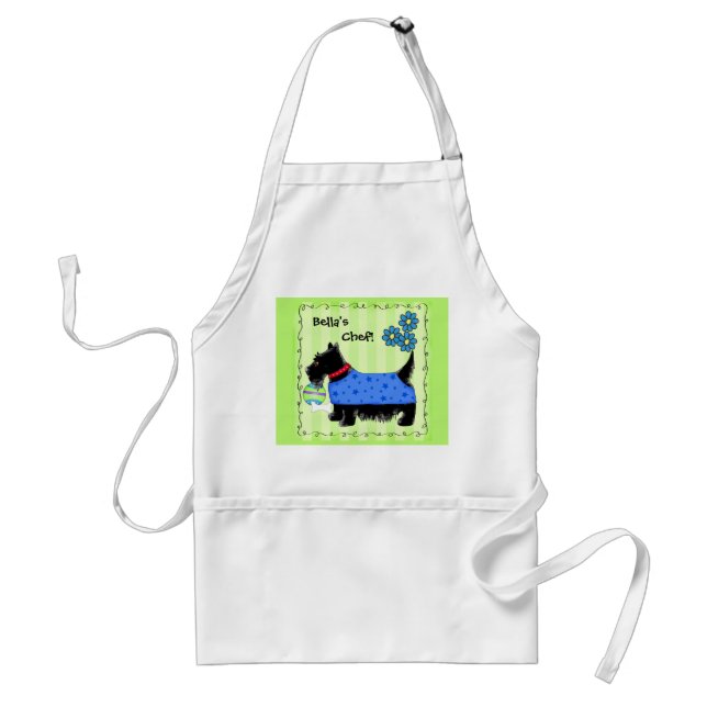Black Scottie Terrier Dog Name Personalized Green Adult Apron (Front)