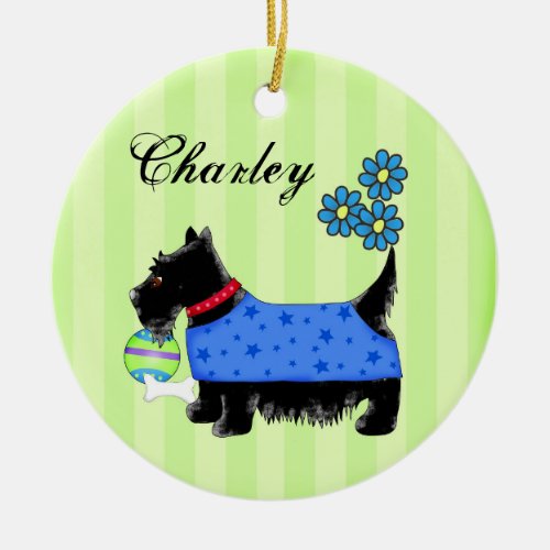 Black Scottie Terrier Dog Name Personalized Green Ceramic Ornament