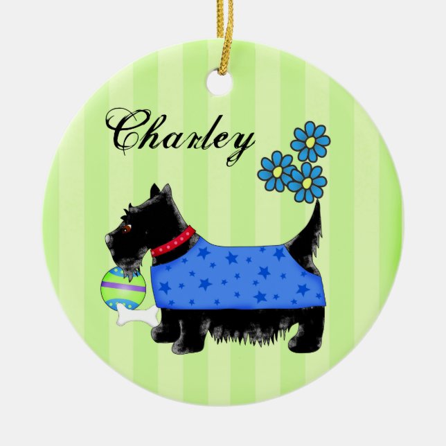 Black Scottie Terrier Dog Name Personalized Green Ceramic Ornament (Front)
