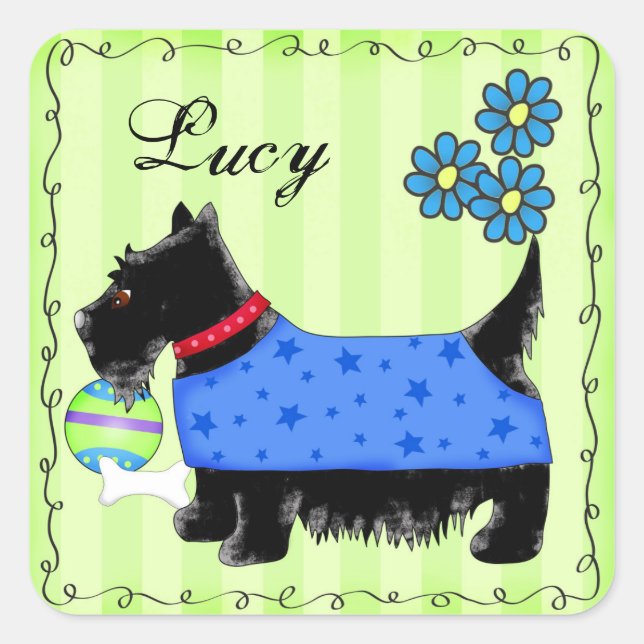Black Scottie Terrier Dog Name Personalized Green Square Sticker (Front)