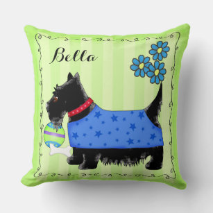 Black Scottie Terrier Dog Name Personalized Green Throw Pillow