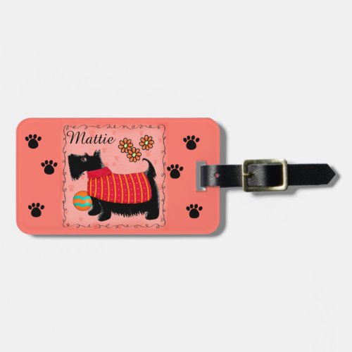 Black Scottie Terrier Dog Name Personalized Orange Luggage Tag
