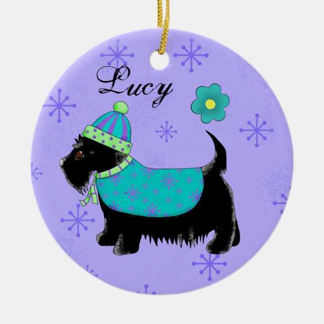 Black Scottie Terrier Dog Name Personalized Purple Ceramic Ornament (Front)