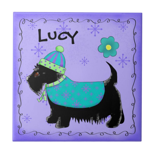 Black Scottie Terrier Dog Name Personalized Purple Ceramic Tile (Front)