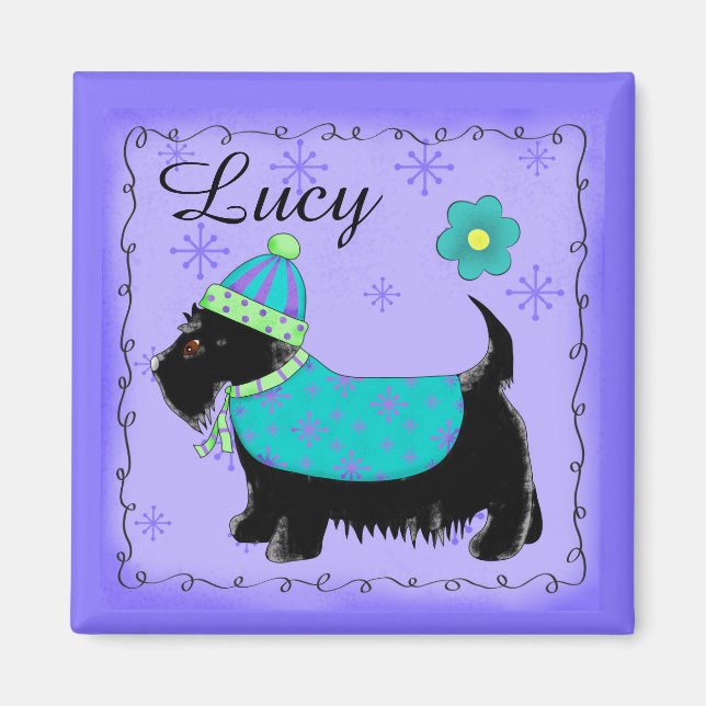 Black Scottie Terrier Dog Name Personalized Purple Magnet (Front)
