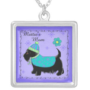 Black Scottie Terrier Dog Name Personalized Purple Silver Plated Necklace
