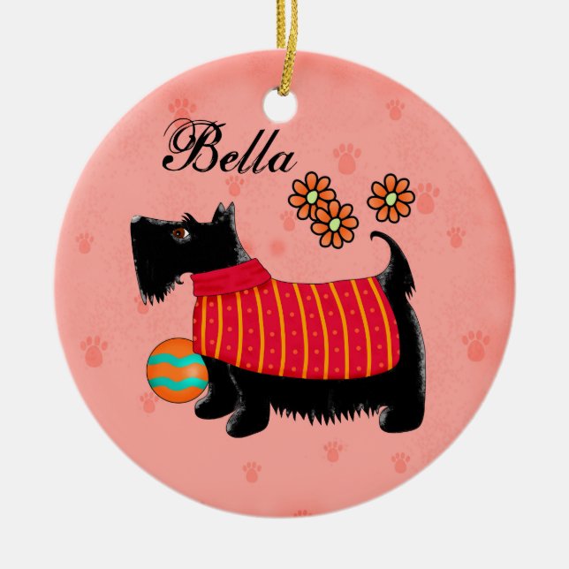 Black Scottie Terrier Dog Name Personalized Red Ceramic Ornament (Front)