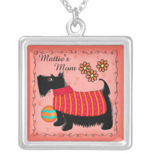 Black Scottie Terrier Dog Name Personalized Red Silver Plated Necklace