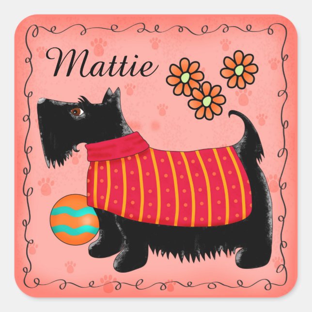 Black Scottie Terrier Dog Name Personalized Red Square Sticker (Front)