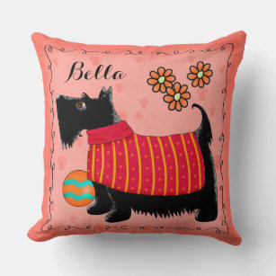 Black Scottie Terrier Dog Name Personalized Red Throw Pillow