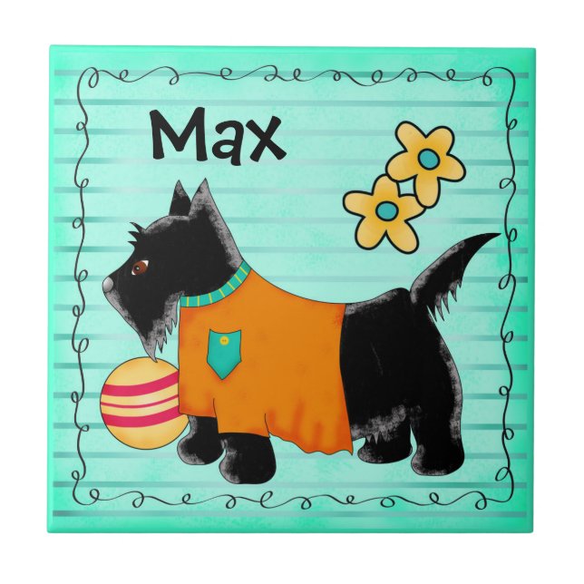 Black Scottie Terrier Dog Name Personalized Teal Ceramic Tile (Front)