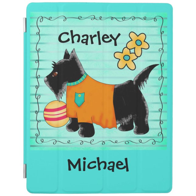 Black Scottie Terrier Dog Name Personalized Teal iPad Smart Cover (Front)