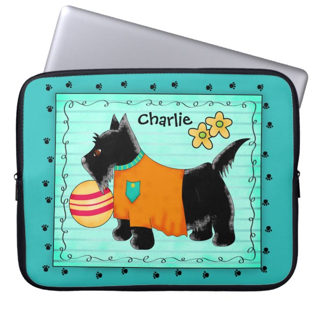 Black Scottie Terrier Dog Name Personalized Teal Laptop Sleeve (Front)