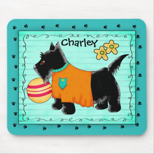 Black Scottie Terrier Dog Name Personalized Teal Mouse Pad