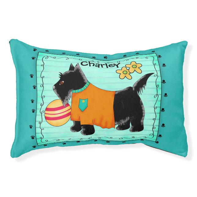 Black Scottie Terrier Dog Name Personalized Teal Pet Bed (Front)