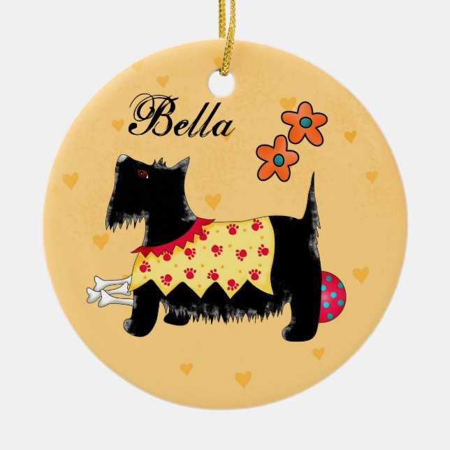 Black Scottie Terrier Dog Name Personalized Yellow Ceramic Ornament (Front)