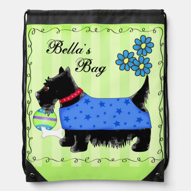Black Scottie Terrier Dog Personalized Green Drawstring Bag (Front)