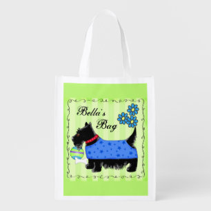Black Scottie Terrier Dog Personalized Green Reusable Grocery Bag