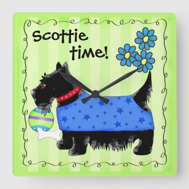 Black Scottie Terrier Dog Personalized Green Square Wall Clock (Front)