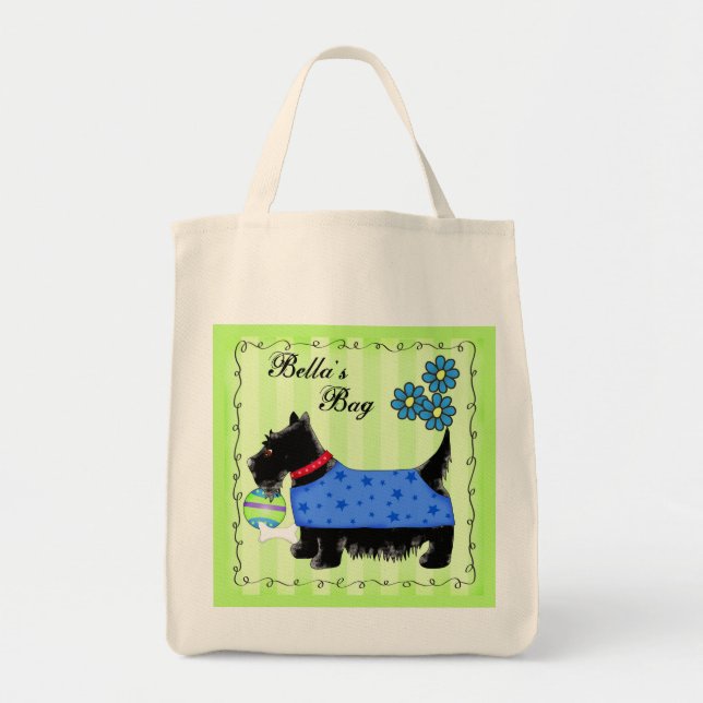 Black Scottie Terrier Dog Personalized Green Tote Bag (Front)
