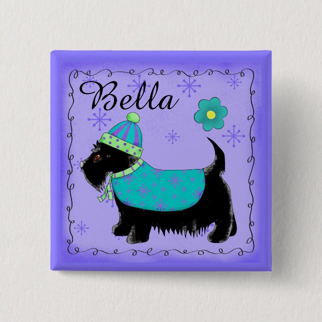 Black Scottie Terrier Dog Personalized Name Badge Button (Front)
