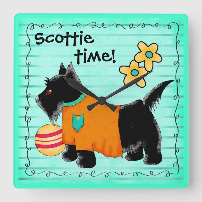 Black Scottie Terrier Dog Personalized Teal Green Square Wall Clock (Front)