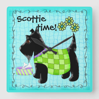 Black Scottie Terrier Dog Personalized Turquoise Square Wall Clock