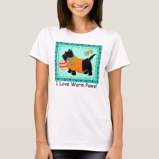 Black Scottie Terrier Dog Turquoise Love Paws T-Shirt (Front)