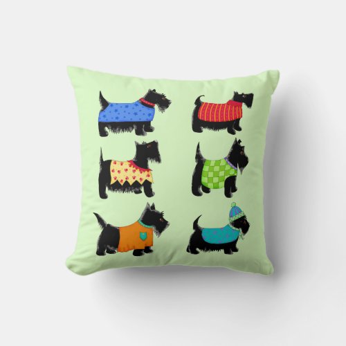 Black Scottie Terrier Dogs Green Decorative Throw Pillow