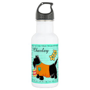 Black Scottie Terrier Name Personalized Teal Green Water Bottle
