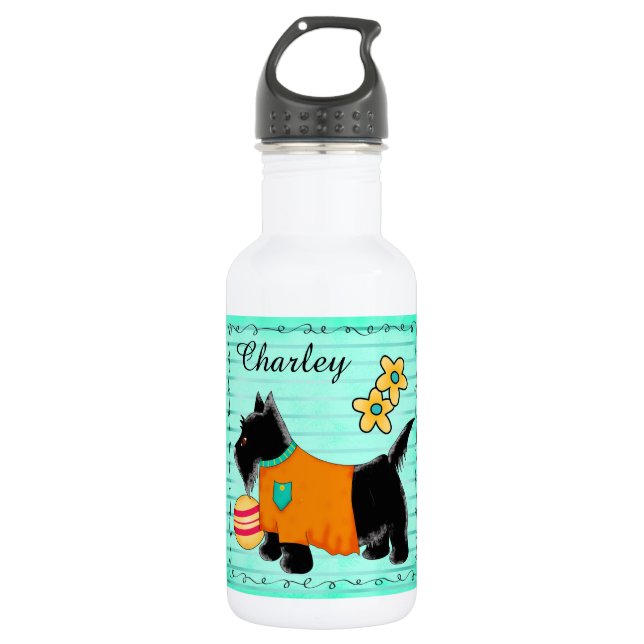Black Scottie Terrier Name Personalized Teal Green Water Bottle (Front)