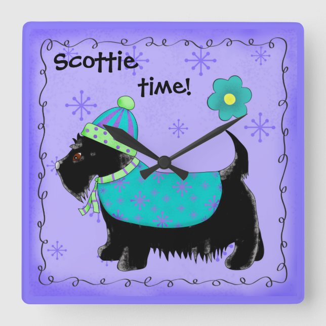 Black Scottie Time Dog Personalized Lavender Square Wall Clock (Front)