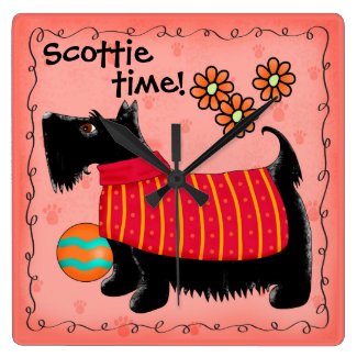 Black Scottie Time Dog Personalized Red Orange Square Wall Clock