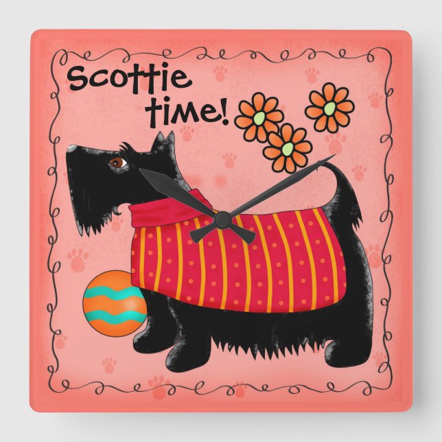 Black Scottie Time Dog Personalized Red Orange Square Wall Clock (Front)