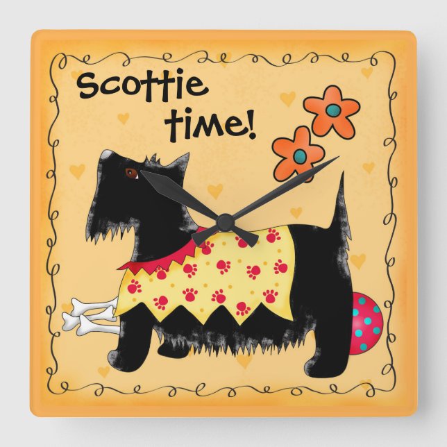 Black Scottie Time Terrier Dog Personalized Yellow Square Wall Clock (Front)