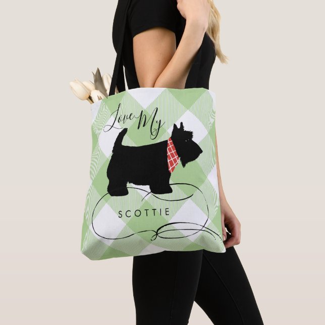 Black Scottish Terrier Dog Green Buffalo Check Tote Bag (Close Up)