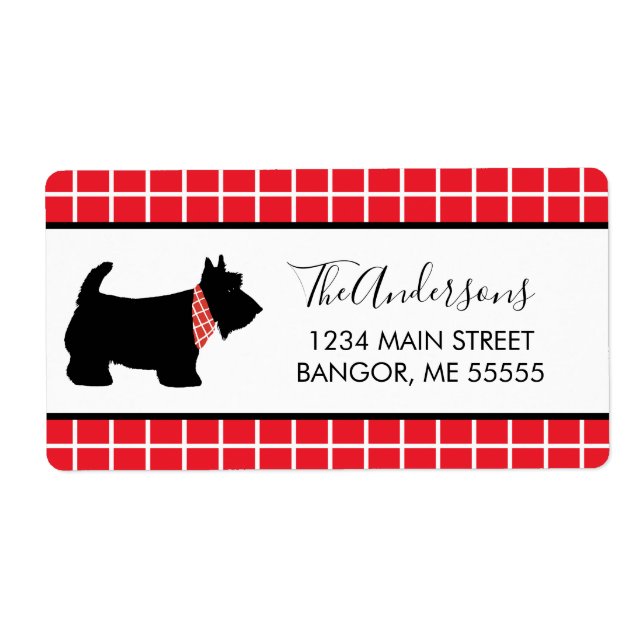 Black Scottish Terrier Dog Red Plaid Border Label (Front)