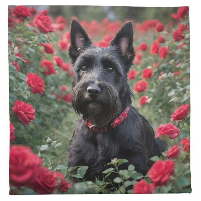 Black Scottish Terrier In Red Roses, Cloth Napkin (Front)