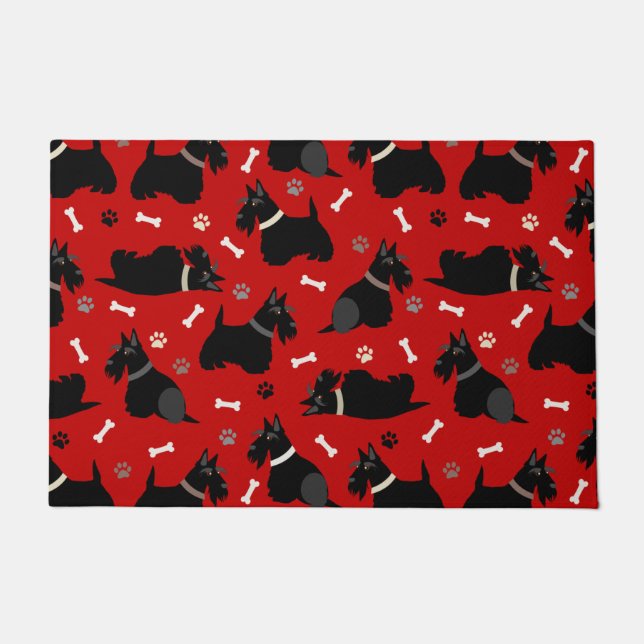 Black Scottish Terrier Paws and Bones Doormat (Front)