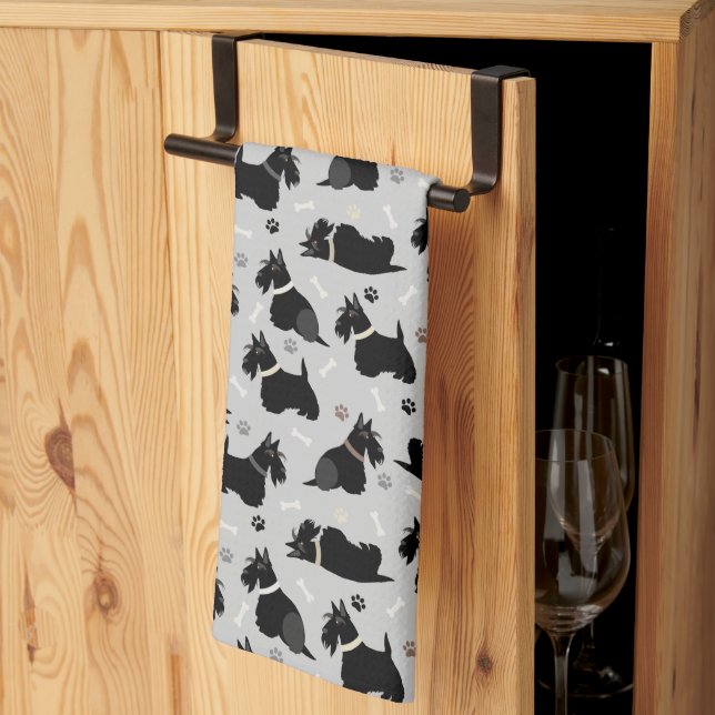 Black Scottish Terrier Paws and Bones Kitchen Towel (Thirds Fold)