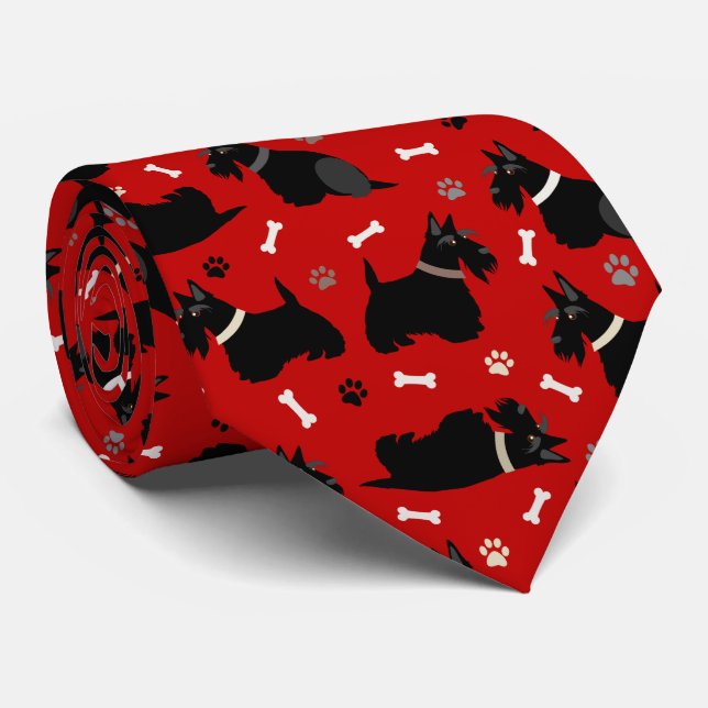 Black Scottish Terrier Paws and Bones Neck Tie (Rolled)