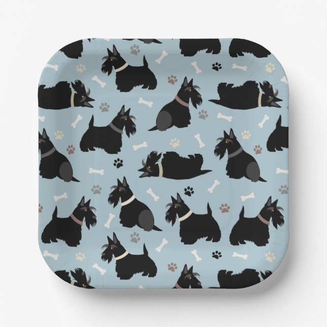 Black Scottish Terrier Paws and Bones Paper Plates (Front)