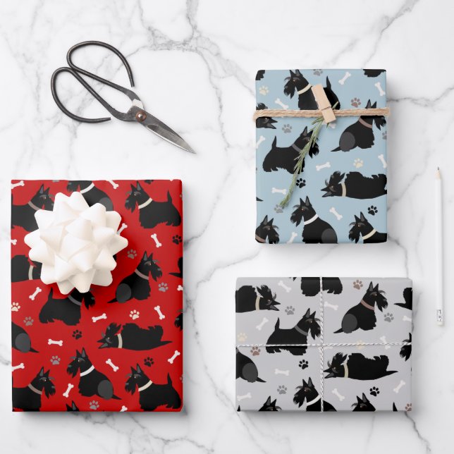 Black Scottish Terrier Paws and Bones Wrapping Paper Sheets (Front)