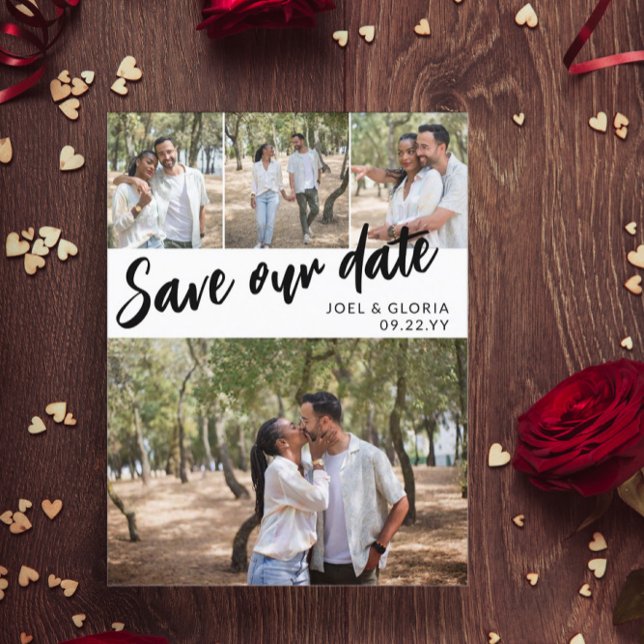Black Script 4 Photos Wedding Save Our Date Announcement Postcard (Creator Uploaded)