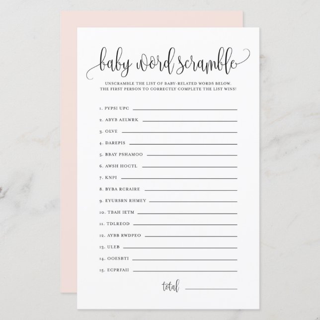 Black Script Baby Word Scramble Baby Shower Game (Front/Back)