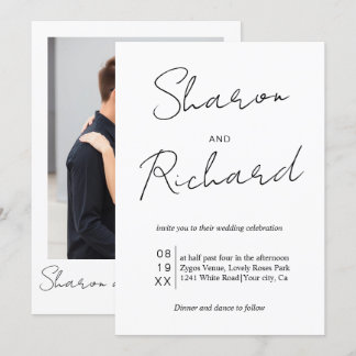 Black script calligraphy on white photo wedding invitation