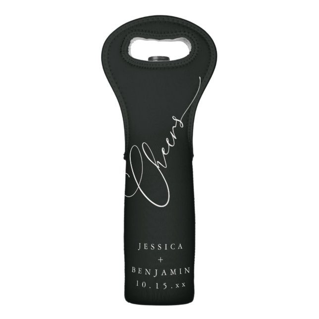 Black Script Cheers Personalized Couple Wedding Wine Bag (Front)